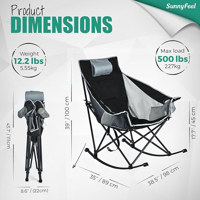 SUNNYFEEL Oversized Rocking Camping Chair, Fully Padded Patio Chair with Side Pocket, High Back Portable Lawn Recliner with Headrest, Outdoor Camp Rocker Chairs for Adults Heavy Duty 500 LBS Carry Bag
