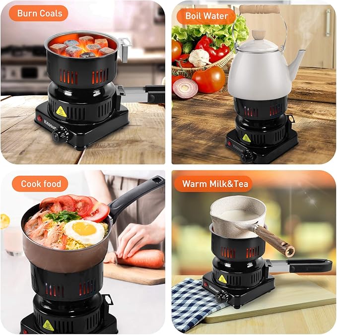 Electric Charcoal Burner Starter Stove - ETL Approved 600W Coal Burner Coconut Coals Heater Warmer with Stainless Detachable Handle Tongs | Burner for Charcoal Fast Heating Long Cable BBQ Kitchen