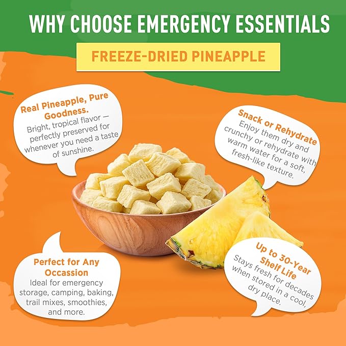 Emergency Essentials Freeze-Dried Pineapple Dices #10 Can | 22 Servings of Real Fruit | 30-Year Shelf Life | Long-Term Emergency Food, Snack, and Dessert Ingredient | Lightweight & Ready to Eat