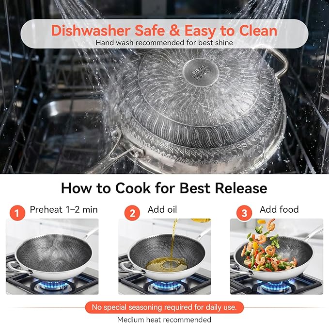 WANGYUANJI Stainless Steel Wok Pan with Lid, 12.6 Inch Honeycomb Hybrid Nonstick Stir Fry Pan, Tri-Ply Clad Skillet for Induction Electric Gas Stove, Dishwasher Safe, No Seasoning Needed (Serves 3-4)