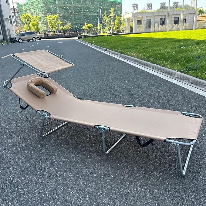 Portable Folding Bed for Adults with Neck Strap Metal Canvas Fold Up Bed with Sunshade Cots for Camping with Handles Load Bearing 160kg for Guest, Travel, Vacation, Camping(Brass)