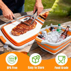 Collapsible BBQ Prep Tub with Cutting Board & Lid, Folding Food Container BPA-Free Heavy-Duty, Dishwasher Safe, Upgraded Drain Hole - for Camping, Grilling Outdoor Cooking (Orange, X-Large)