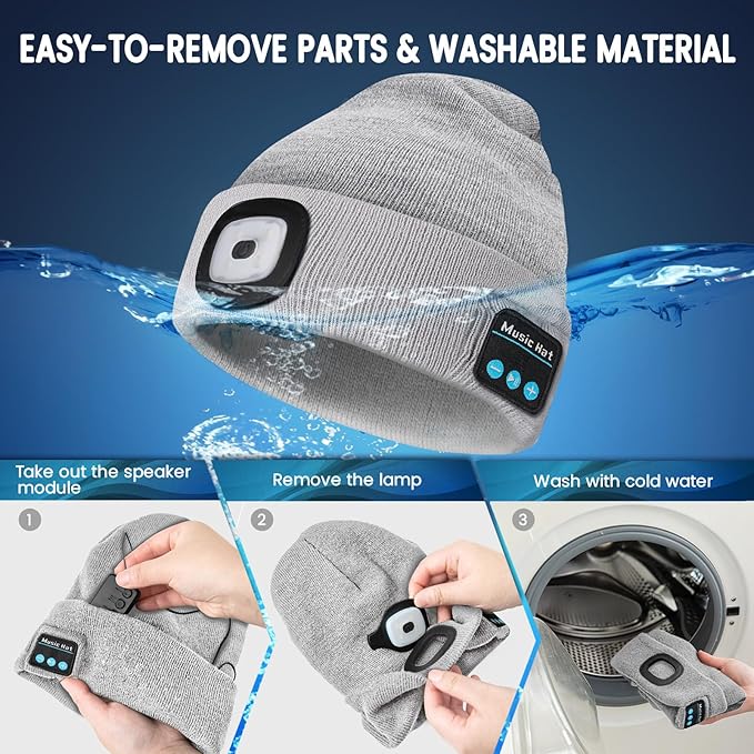 VIBELITE Bluetooth Beanie Hat with Light, Gifts for Men, USB Rechargeable LED Headlamp with Wireless Headphones, Birthday Gifts for Men, Dad, Him, Teen Boys, Husband, Women, Boyfriend, Grey