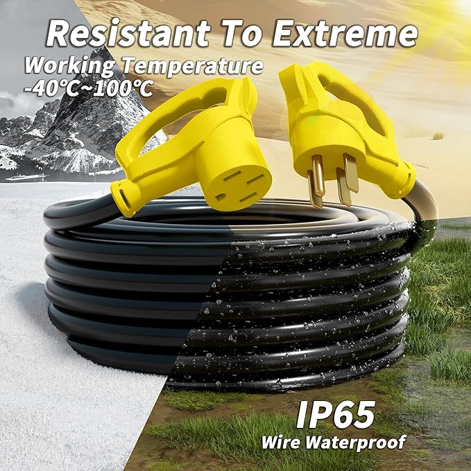 NEMA 14-50P/14-50R 10 FT 50 Amp RV/EV Extension Cord Outdoor with Grip Handle, 4 Prong Flexible Heavy Duty STW RV Power Cord Waterproof, 50A 125/250V 6250/12500W, Black-Yellow, ETL Listed