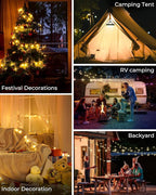 Camping String Lights, 32.8ft RGB Retractable String Lights, 4000mAh Rechargeable LED Hanging Tent lamp, Portable Twinkle Camp Lamp for Outdoor Backyard Patio Awning Canopy RV Essentials, Black