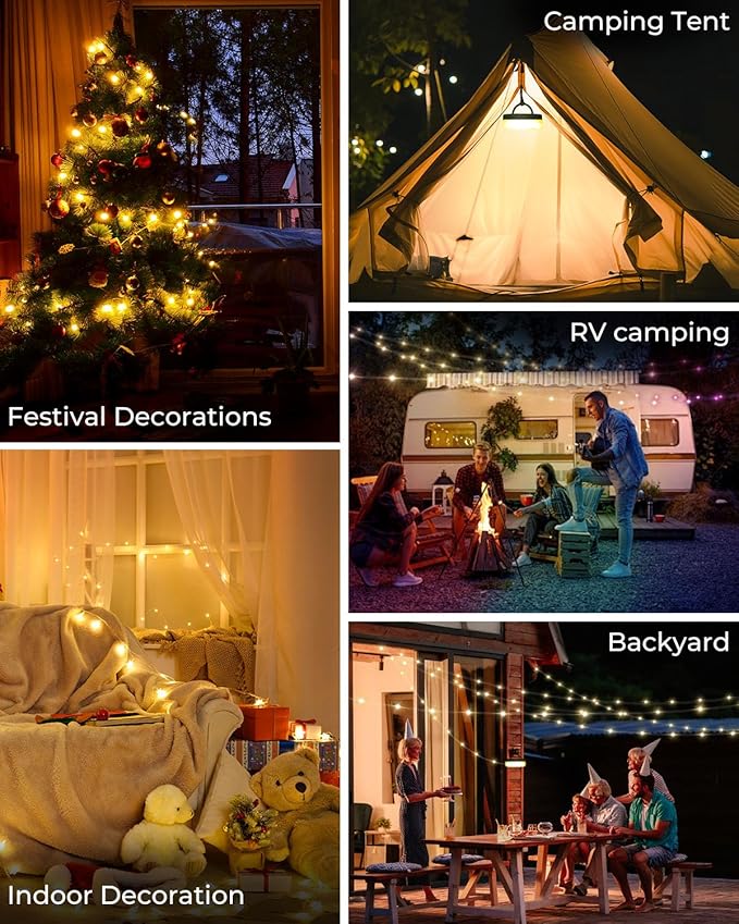 Camping String Lights, 32.8ft RGB Retractable String Lights, 4000mAh Rechargeable LED Hanging Tent lamp, Portable Twinkle Camp Lamp for Outdoor Backyard Patio Awning Canopy RV Essentials, Black