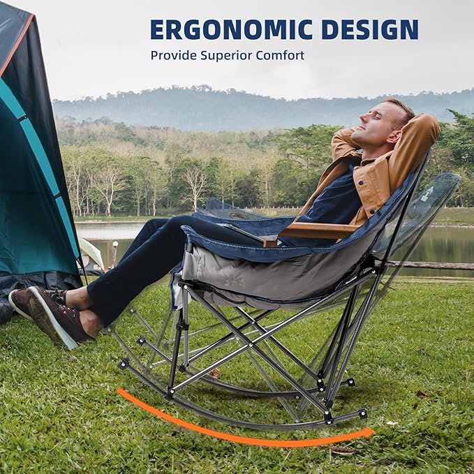 Oversized Rocking Camping Chair for Adults - 400lbs Capacity Padded Camp Chair with Cup Holder, Portable Foldable Outdoor Rocker Chair for Camping, Backyard (Blue & Dark Gray, 1 PCS)