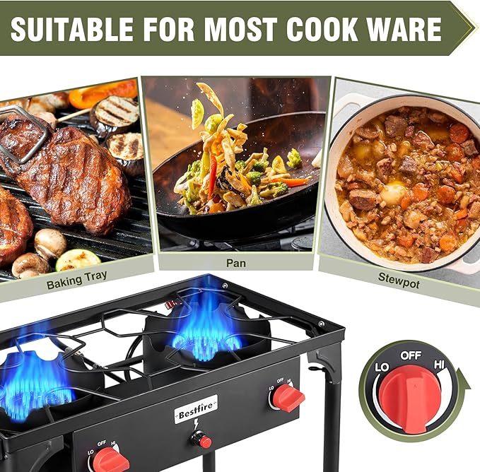 BESTFIRE 2 Burner Camping Stove,150,000 BTU High Pressure Outdoor Propane,4ft 20 PSI Adjustable Regulator Hose With Removable Legs for Backyard Cooking Camping Home
