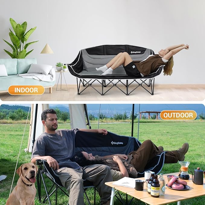 KingCamp 3 Person Camping Chair, Oversized 660lbs Heavy Duty Loveseat for Adults Portable Folding XL 2 Person Couch Padded Comfortable Three Seat with Cup Holder for Outdoor Lawn, Khaki/Coffee