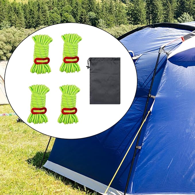 4 Pieces Tent Cords Reflective Guy Lines Heavy Duty Outdoor Climbing Ropes Lightweight Drawstring Bag Supplies for Hiking Travel Camping Backpacking S, Green