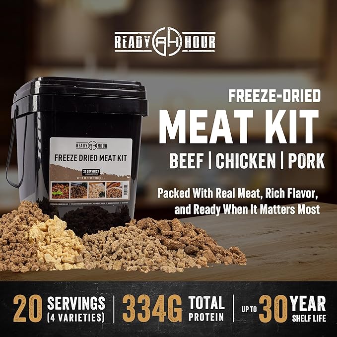 Ready Hour Freeze-Dried Meat Kit (20 Servings), Emergency Supply, Prepper Supply, Protein Source, Emergency Food, Prepper Survival Kit, Bulk Meat, Shelf-Stable, Long-Term Storage