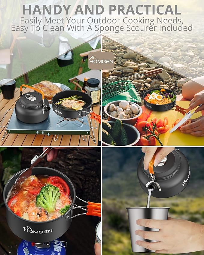 HOMGEN Portable Camping Cookware Set-Lightweight Aluminum Camp Pots and Pans Kit-Comes with Non-Stick Pots/A Frying Pan etc-Complete Camping Mess Kit for Camping/Hiking/Fishing & Other Outdoor Trip