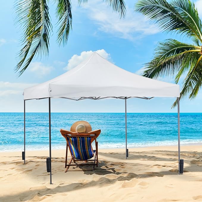 NEWBULIG 10x10 FT Pop Up Canopy Easy Up Tents for Camping Parties Events Beach Backyard Portable Outdoor Shelter Heavy Duty Instant Sun Shade with Sand Bags, White