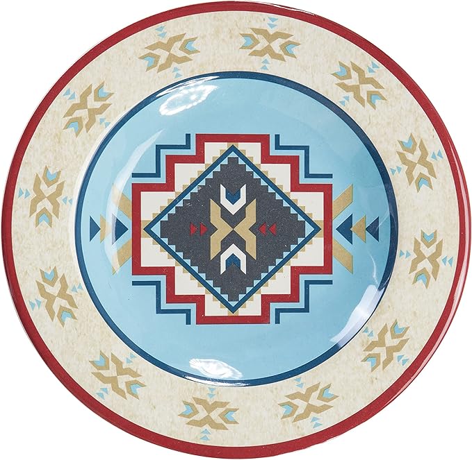Paseo Road Spirit Valley 14 Piece Melamine Plastic Dinnerware Set with Plates, Bowls and Serving Platter, Southwestern Rustic Cabin Lodge Aztec Style