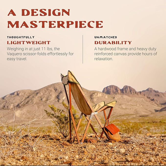 CHAMA Vaquero Chair & Travel Bag - Wheat and Pine- Beautiful Outdoor Wood and Canvas Portable Folding Chair Ideal for Camping, Patios, Lawns, or Indoor Use - Supports 300 lbs