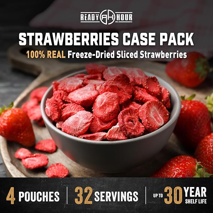 Ready Hour Sliced Strawberries Case Pack (32 Servings), Freeze-Dried Non-GMO Fruit, Survival and Camping Snacks, Healthy Emergency Shelf Stable Prepper Food