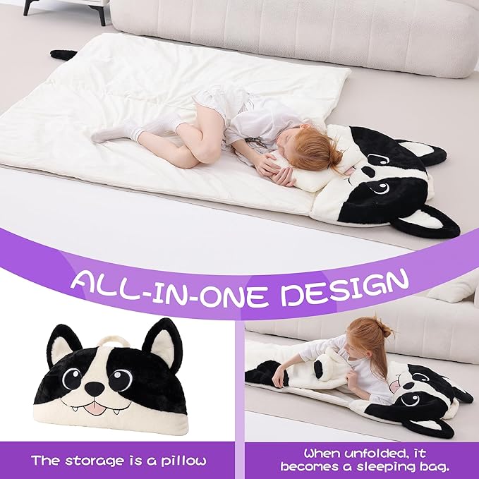 70" 4.2lbs Dog Thickened Kids Nap Mat for Preschool, Daycare,Kindergarten,Soft Washable for Boys and Girls, 2-in-1 Stuffed Animals Sleeping Bag and Pillow, Sleep Sack for Toddlers