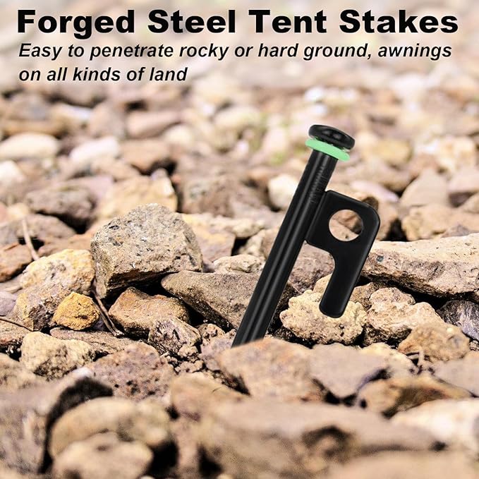 8Pcs Tent Stakes, 8in Heavy Duty Forged Steel Tent Stakes with Storage Pouch, Metal Stakes for Tent Used on Rocks, Snowfield, Dessert(8Pcs 8in Stakes)