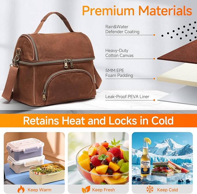 Waxed Canvas Lunch Bag for Men, Small Soft Cooler Bags Insulated with 2 Ice packs, Women Lunch Bags for Work, 10.5L 2 Compartments Leakproof Lunchbox for Work, Camping, Beach and Road Trips