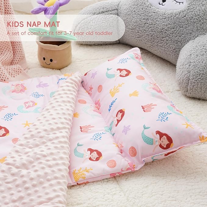 Bunnikins & Clover Toddler Nap Mat with Removable Pillow, Nap Mats for Preschool, Easy Clean Toddler Nap Pad for Kindergarten, Kids Sleeping Bag for Travel Camping