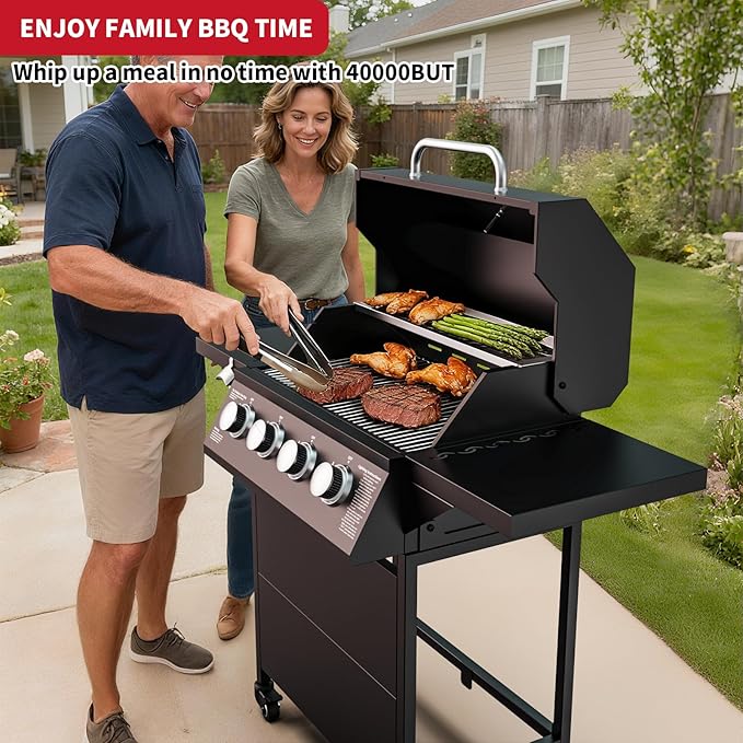 4-Burner Propane Gas BBQ Grill, 40,000 BTU Output Stainless Steel Gas Barbecue Grill with Side Tables & Wheels for Backyard,Camping and Outdoor Cooking (Black)
