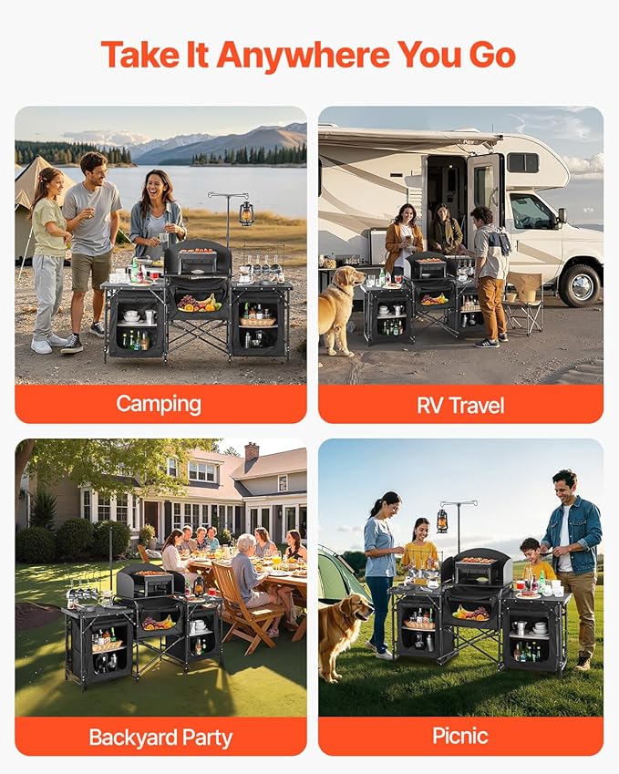 VEVOR Camping Kitchen Table, Outdoor Camp Cooking Table, Aluminum Portable Cook Station with 3 Storage Cupboard, Carrying Bag, Detachable Windscreen, Quick Set-up for BBQ Party Picnic RV Travel, Black
