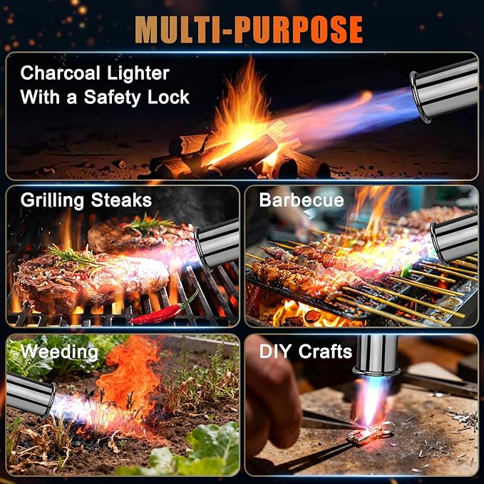 Adjustable Propane Torch Gun – High-Temperature Flame Thrower for Soldering, Welding, Gardening, and Outdoor Cooking – Detachable Design, Easy to Use and Portable (Silver Gold)