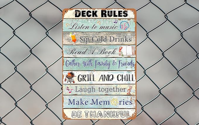 Deck Rules Sign Outdoor Yard Deck Accessories Decor Camping Rules Signs Vintage Metal Tin Sign Camping Decor For Bar Party Campsite Cabin Tent Outdoors Pool Wall Decorations 8x12 Inch