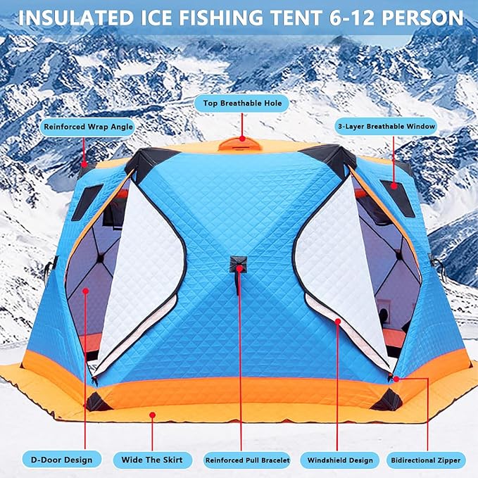 Upgraded 6–12 Person Insulated Ice Fishing Tent with Stove Jack, Dual-Layer 210D Oxford Thermal Shelter, 2 Doors 4 Windows, Pop-Up Ice Shanty for Winter Camping, Outdoor Use Silver-8-12Person