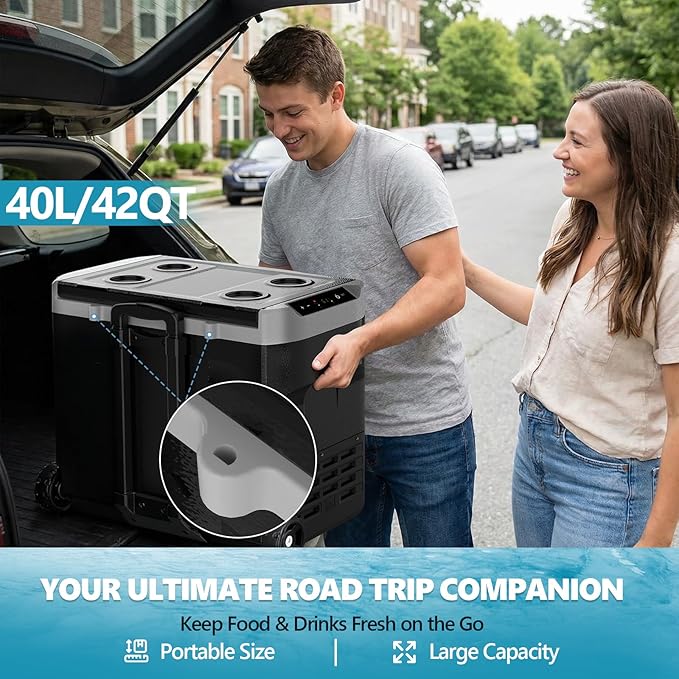 Kndko 12 Volt Car Refrigerator, 42 Quart Dual-Zone Portable Electric Cooler, Large Car Fridge 12V/24V DC/100-240V AC, -4℉~68℉, 12v Cooler with Wheels & Baskets for Road Trip, Truck, Camping
