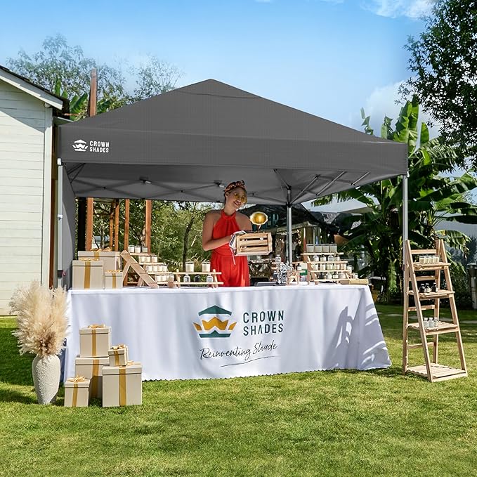 CROWN SHADES 8x8 Pop Up Canopy with 1 Side Wall - Beach Tent with One Push Setup - Outdoor Sun Shade for Events, Parties, Camping - Gazebo with STO-N-Go Cover Bag (Grid Grey)