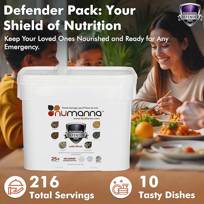 Numanna Defender Pack with Meat Bucket 2,592 Servings | 12-Months Emergency Food Supply | Easy-to-Prepare Survival Meals for Prepping, Camping & Daily Use | 25+ Year Shelf Life | Made in USA