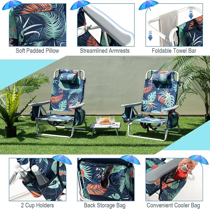 Giantex Folding Beach Chair, Patio Sling Chairs with 5 Adjustable Position, Head Pillow, Storage Bag, Towel Bar, Cup Holders, Backpack Chairs for Sunbathing, Camping Chair