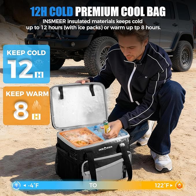 INSMEER Soft Cooler Bag with Hard Shell & 4 Cup Holders, 55 Cans 40L Collapsible Soft Sided Cooler, 100% Leakproof Insulated Cooler Bag Portable for Beach Travel Camping Picnic
