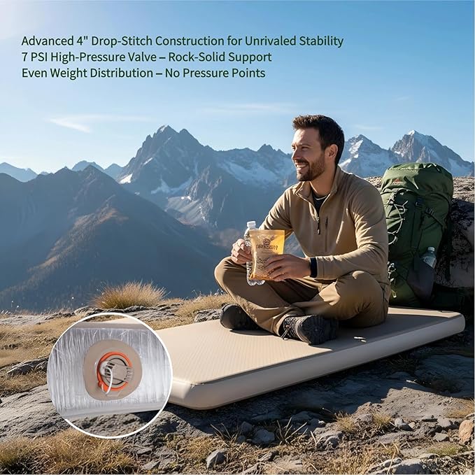 Freein 4" Drop Stitch Camping Air Mattress, Ultralight Inflatable Sleeping Pad with 7 PSI Firm Support, Fast 2–3 Min Inflation, Portable Backpacking & Tent Camping Bed, 76" x 26"