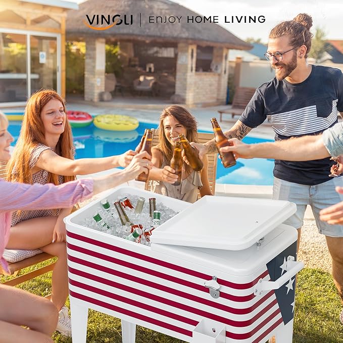 VINGLI 80 Quart Rolling Ice Chest, Portable Patio Party Bar Drink Cooler Cart, with Shelf, Beverage Pool with Bottle Opener