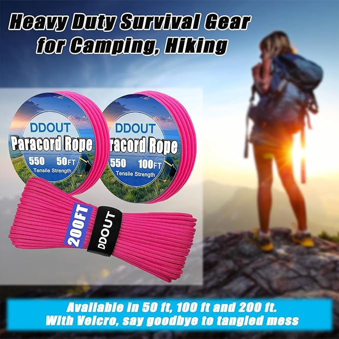 Paracord Nylon Rope Hot Pink 50FT with 7-Strand Core, 10 Colors and 50/100/200 ft, Type III Parachute Cord 4mm for Camping, Survival, Hiking, DIY, Crafting, Outdoor Utility Rope