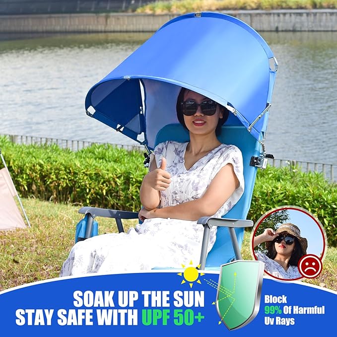 Universal Chair Umbrella Canopy, UPF 50+ Chair Sun Shade Attachment with Adjustable Clamp Fits Most Brands’ Beach, Camping, Lawn, Wheelchair, Tanning, Zero Gravity, Lounge, Fishing Chairs, Patented