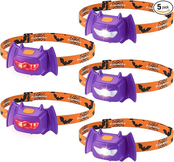 EverBrite Halloween Bat Headlamps Halloween Gifts, 5 Pack Head Lamps with Warm/Red/Strobe 3 Modes, Headlights for Halloween Party and Decorations