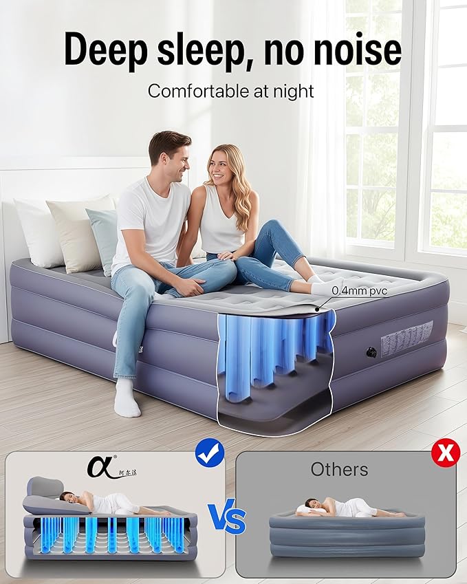 A-ER-FA Queen Air Mattress with Detachable Headboard and Cup Holder - 20 Height 700lbs Capacity Comfort Inflatable Bed for Guests Home Camping and Travel Durable Construction,Colchón Inflable,Air Bed
