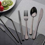 Travel Utensils Set with Case Reusable Portable Cutlery Set Stainless Steel 8pcs Including Dinner Knife Fork Spoon Chopsticks straws(Black)