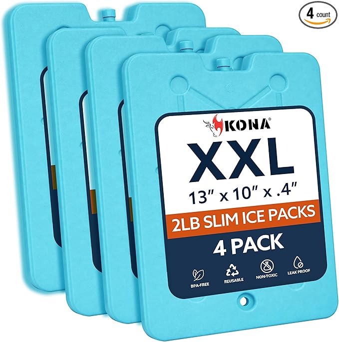 Kona XXL Ice Packs for Coolers – 2 lb Reusable Slim Freezer Packs, Long-Lasting Dry Ice Alternative for Cooler Bags, 13×10 Inch, Fast Freeze (-5 °C), Available in Multiple Pack Quantities