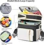 LOKASS Lunch Bag& Lunch Box for Men Women Double Deck,Large Insulated Adult Lunch Box Leakproof Lunchbox Cooler Bag for Work Picnic Beach,（Black&White）