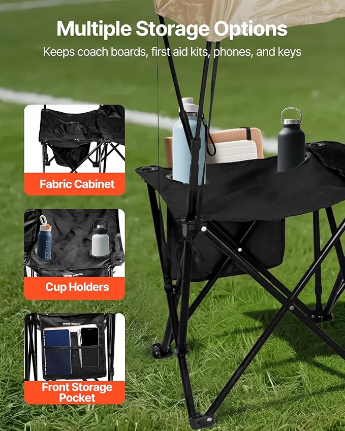 VEVOR Portable Folding Bench, 6 Seat Soccer Bench with Storage Pockets Cup Holders & Carrying Bag, Lightweight Sideline Seating with Sunshade for Football, Baseball, Camping, Outdoor Events, Black