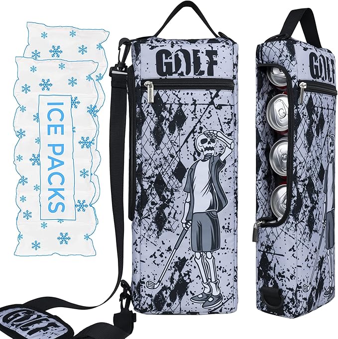Golf Cooler Bag Plus Ice Pack Soft Sided Insulated Cooler Bag- Holds 6 Pack of Cans or 2 Wine Bottles - Grey Camo Golf Beer Sleeve Black Fits Discreetly in Golf Bags