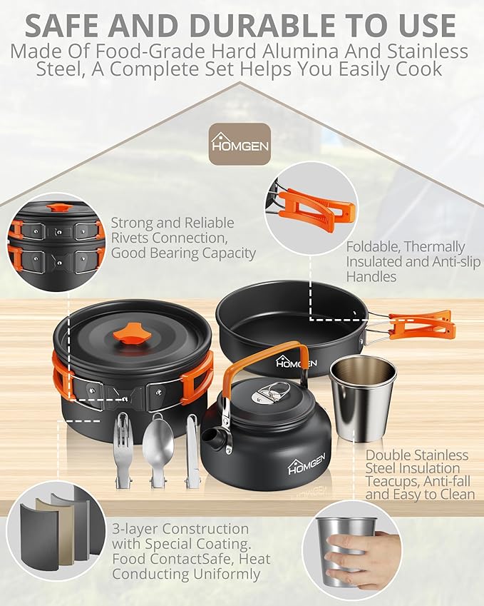 HOMGEN Portable Camping Cookware Set-Lightweight Aluminum Camp Pots and Pans Kit-Comes with Non-Stick Pots/A Frying Pan etc-Complete Camping Mess Kit for Camping/Hiking/Fishing & Other Outdoor Trip