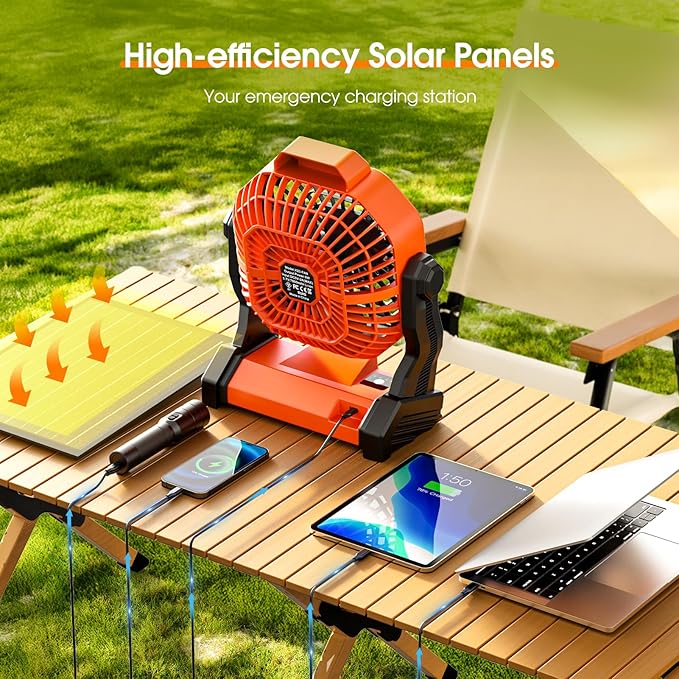 Drchop 30000mAh Solar Camping Fan, 10W Solar Powered Fans with Solar Panel, Rechargeable Fan & Led Lantern, Battery Operated Powered Outdoor Tent Fans for Camping Summer Essentials (Orange)