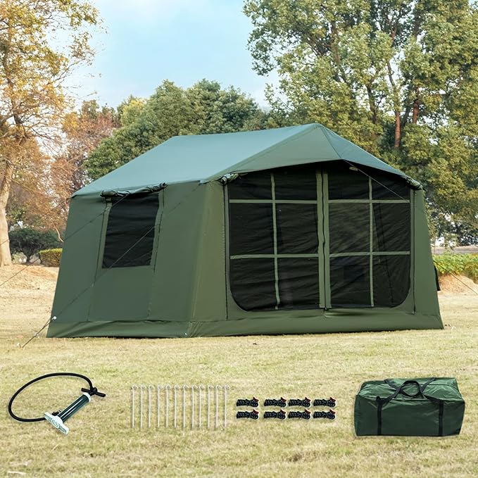 Inflatable Camping Tent with Hand Pump Waterproof Outdoor Blow up Tent 2-8 Person Oxford 4 Season Glamping Air Tent Cabin House with Mesh Windows & Door