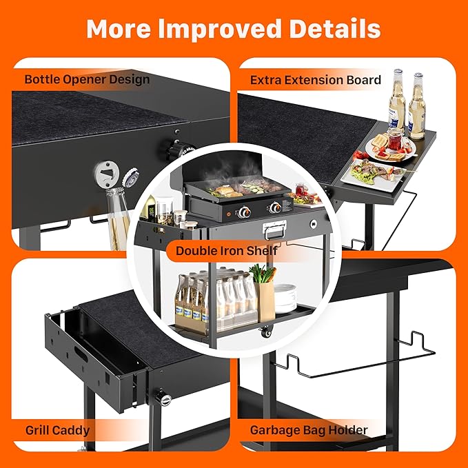 Portable Grill Table Cart with Wheels Foldable Blackstone Griddle Stand for 17"/22" Griddles, Ninja Woodfire Grill & Weber, Outdoor BBQ Prep Table with Storage Shelf Caddy for Camping, Tailgating