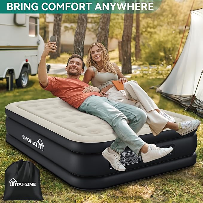 YITAHOME Full Air Mattress with Built-in Pump, 18-Inch Foldable Inflatable Bed with Carry Bag and Repair Patch, Deluxe Raised Air Mattress for Home, Travel, and Camping, Black